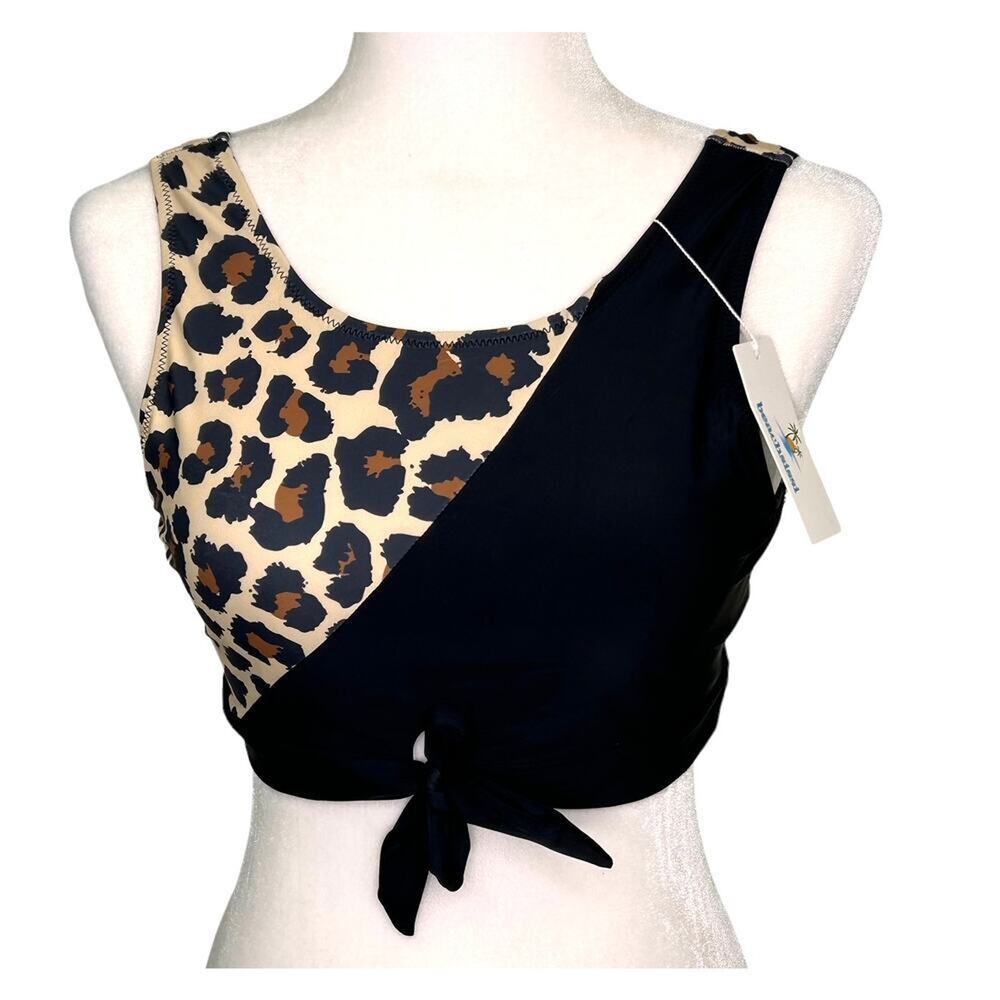 Beachsissi Leopard Print Black Tan Front Knot Bathing Suit Tank Top